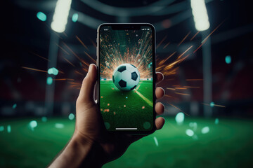 Hand holding a smartphone displaying a soccer ball with spark effects at a stadium. - obrazy, fototapety, plakaty