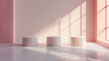 Minimalistic pastel pink podiums with soft shadows in a sunlit, empty room, ideal for product display with ample copy space