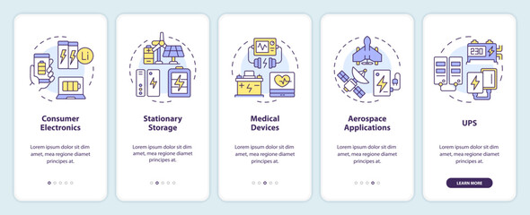 Uses of lithium batteries onboarding mobile app screen. Walkthrough 5 steps editable graphic instructions with linear concepts. UI, UX, GUI template. Myriad Pro-Bold, Regular fonts used