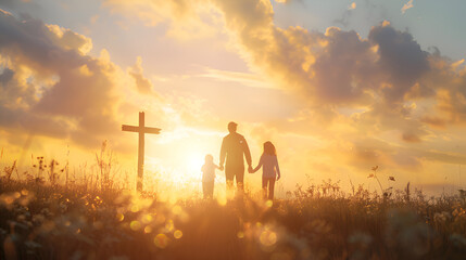 Family easter silhouette, funeral silhouette, christ and cross - obrazy, fototapety, plakaty