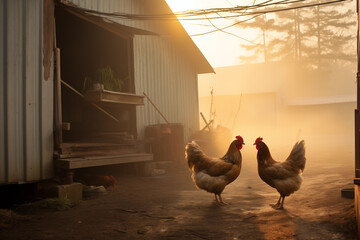 Chickens roaming in a barnyard. Generative AI - obrazy, fototapety, plakaty