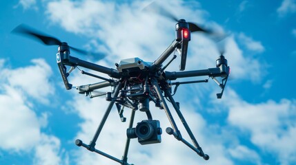 Professional drone flying against a clear blue sky, equipped with a camera for aerial photography or surveillance.