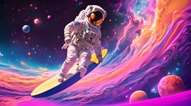 Astronaut in a white space suit surfing on a board amidst the colorful clouds and starry space motion video. Blurred Background