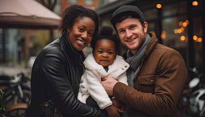 A man and woman, an interracial couple, are standing together while holding their baby in their arms. They appear to be smiling and looking lovingly at the infant