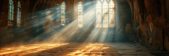 Sunlight entering a church through a large copy of the scripture. Generative Ai