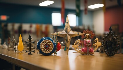 A wooden table is adorned with an array of figurines representing diverse religious symbols. These figurines are carefully arranged, showcasing the harmonious coexistence of different faiths - obrazy, fototapety, plakaty