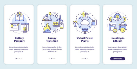 Fototapeta premium Energy innovation onboarding mobile app screen. Technology regulation. Walkthrough 4 steps editable graphic instructions with linear concepts. UI, UX, GUI template. Myriad Pro-Bold, Regular fonts used