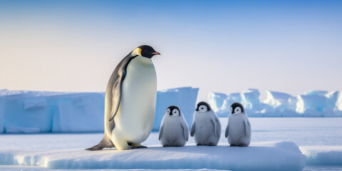 Emperor penguin with juveniles on a floating iceberg