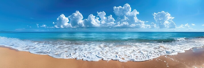 Panoramic seascape of a tropical beach with a broad horizon. Generative Ai