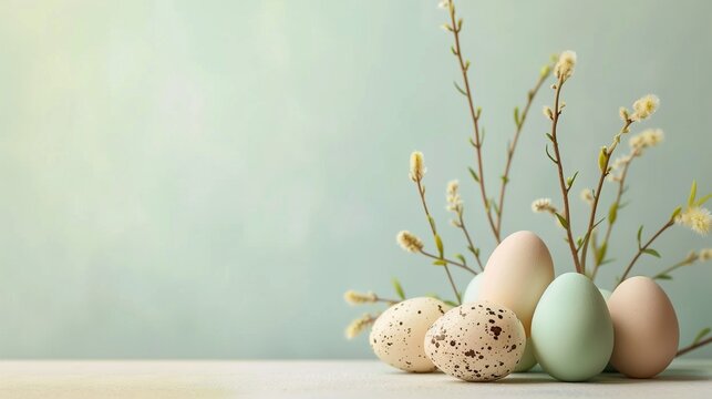 Pastel Easter eggs and willow branches on a gentle green background with copy space, ideal for spring holiday designs and Easter greetings