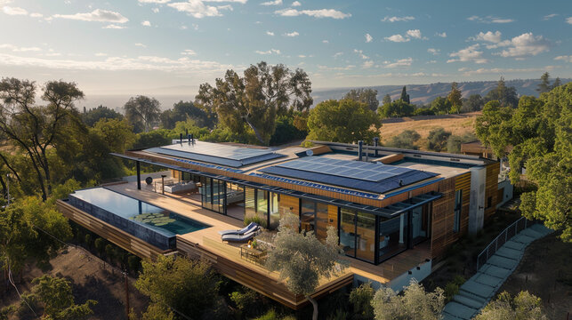 An aerial shot capturing the elegance of a smart home with solar panels, standing boldly against the azure sky like a beacon of sustainable living.