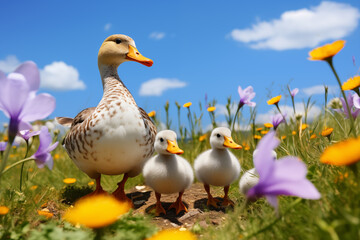 Obraz premium Family of ducks waddling through a field of wildflowers. Generative AI