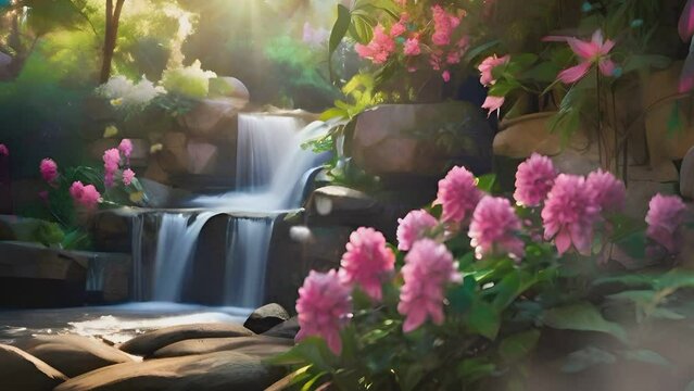 Tranquil scene with colorful flowers surrounding cascading waterfall and rugged rocks, creating a picture natural beauty. seamless looping time-lapse animation video background