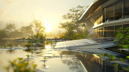 A close-up of a futuristic home's solar panel system, gleaming with promise under the bright midday sun, embodying sustainability and progress. - obrazy, fototapety, plakaty