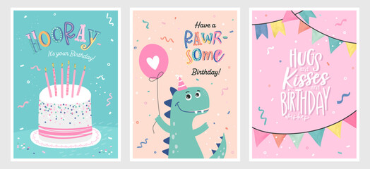Set of birthday postcards with confetti, garlands, cake and candles. Invitations, happy birthday. Vector templates great for card, poster, flyer or banner