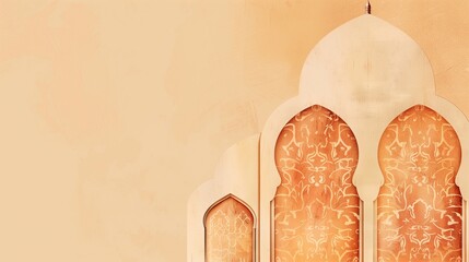 Elegant peach-toned background with intricate arabesque patterns and arches suggesting Islamic architecture, ideal for Ramadan, with ample space for text