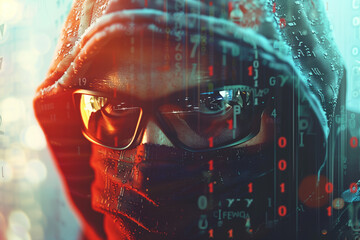 Person with digital overlay pondering virtual data.