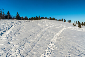 Fototapeta na wymiar Hala na Malej Raczy in winter Beskid Zywiecki mountains in Poland near borders wiith Slovakia