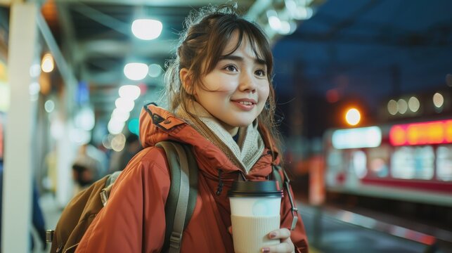 Happy young woman with takeaway coffee at bus station.
