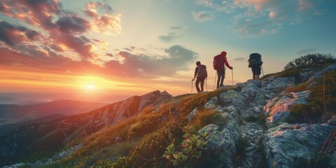 Obraz premium group hiking in beautiful landscape nature