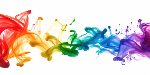 rainbow colored gradient liquid ink splash art, flowing color mix, fluid wave in red, yellow, orange, green, blue, pink, purple, isolated on white or transparent png
