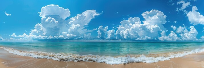 Fototapeta na wymiar Panoramic seascape of a tropical beach with a broad horizon. Generative Ai