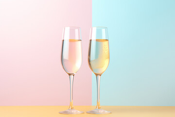 Two elegant champagne glasses filled with sparkling wine, set against a dual-tone pink and blue pastel background. The concept of a festive mood for the New Year or Valentine's Day