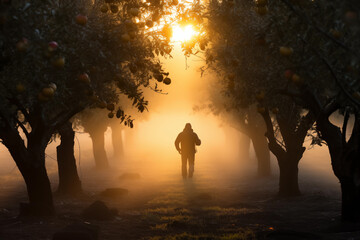 Farmer walking through a mist-covered orchard at dawn. Man having a walk between trees. Generative AI - obrazy, fototapety, plakaty