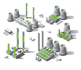 3d isometric set factories, Isometric icon set, Set plants for energy production,  isometric nuclear power plant on a white background vector illustration 
