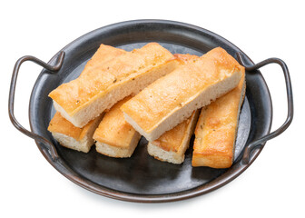 Cheese bread sticks on tray,Butter  bread sticks isolated on white background. Salted bread stick isolated on white with clipping path.
