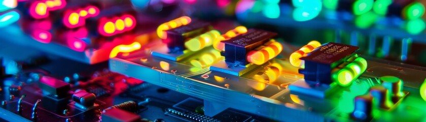 In a neon soaked lab researchers develop glowing semiconductors that will power the next wave of circuit board innovations - obrazy, fototapety, plakaty