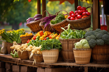 Farmer's market stall overflowing with baskets of freshly harvested produce. Generative AI