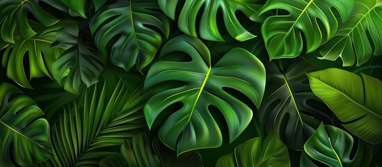 A detailed view of a cluster of vibrant green leaves, showcasing the texture and patterns of tropical foliage. The leaves are tightly packed together, creating a lush and dense appearance.