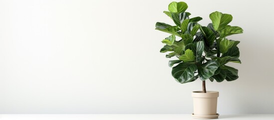 A Ficus lyrata plant, also known as a fiddle leaf fig, is placed on top of a white table, creating a simple yet stylish indoor display.