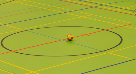 Futsal Hallen Fußball und Sporthallenboden in einer Sporthalle mit diversen Spielfeld Linien