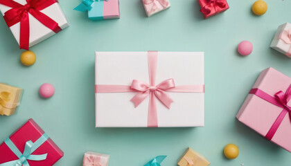 Gifts and Note on Pink Background. A collection of gift boxes with ribbons surround a blank white note on a pink background. The concept Valentine’s Day or birthday