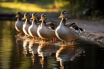 Group of ducks waddling in a line towards a shimmering pond. Generative AI - obrazy, fototapety, plakaty