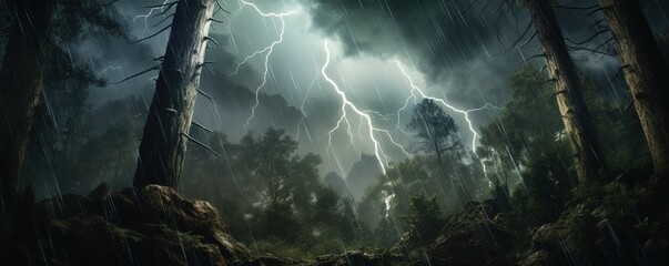 lightning bolt in the forest - obrazy, fototapety, plakaty