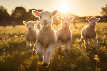 Group of lambs frolicking in a sun-drenched meadow. Generative AI