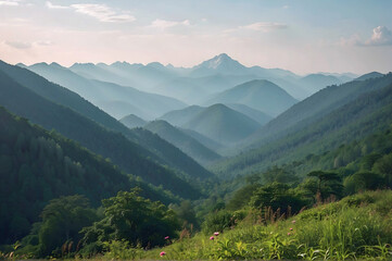 Haze Laden Valley View with a Large Mountain in the Distance