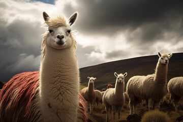 Naklejka premium Lamas standing watch over a flock of sheep. Generative AI