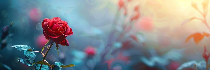 Single vibrant red rose in soft focus with a bokeh background, ideal for romantic occasions, Valentine's Day promotion, or as a tranquil floral wallpaper with copy space - obrazy, fototapety, plakaty