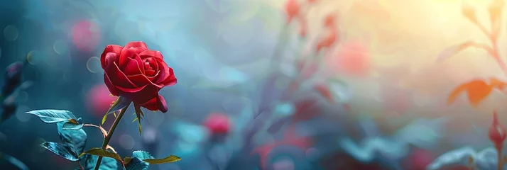 Foto op Plexiglas Single vibrant red rose in soft focus with a bokeh background, ideal for romantic occasions, Valentine's Day promotion, or as a tranquil floral wallpaper with copy space © AI Petr Images