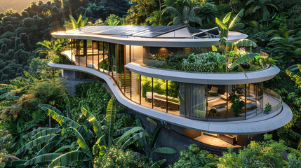 A futuristic house nestled amidst lush greenery, its roof adorned with solar panels soaking up the sun's rays.