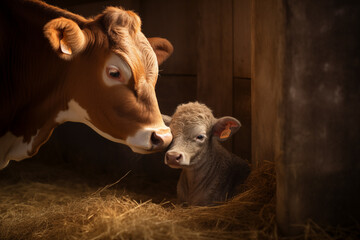 Mother cow nuzzling her newborn calf in a cozy corner of the barn. Generative AI