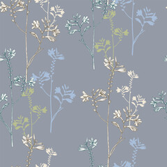 Seamless pattern with wildflowers on a grey-blue background. Floral backdrop. Vector illustration for fashion print, wallpaper.