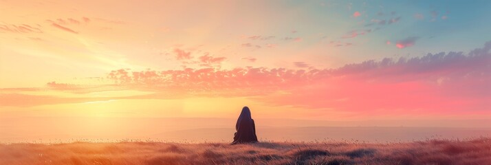 Solitary Suhur prayer figure sitting contemplatively in a vast field with space for text against a vibrant sunrise or sunset, evoking peace, solitude, and reflection