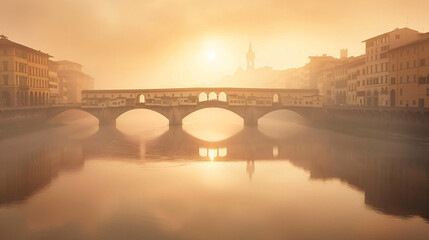 A bridge over the calm Arno river in Florence Italy - obrazy, fototapety, plakaty