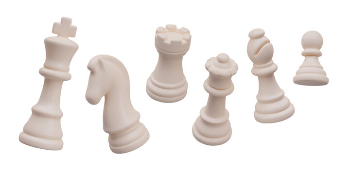 Collection of realistic white chess pieces in floating position