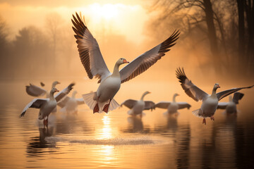 Geese flock taking flight from a tranquil pond. Generative AI
